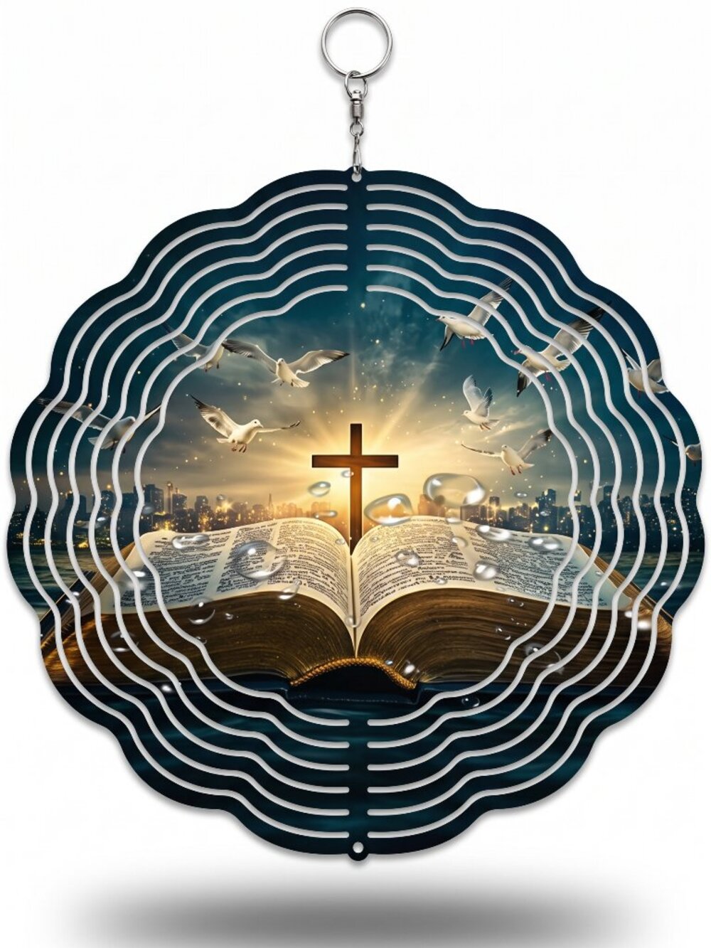 10" Holy Bible Cross Kinetic Wind Spinner - Christian Metal Hanging Yard Decor